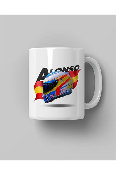 FANBOX SHOP كوب قهوة أبيض مطبوع عليه خوذة فرناندو ألونسو