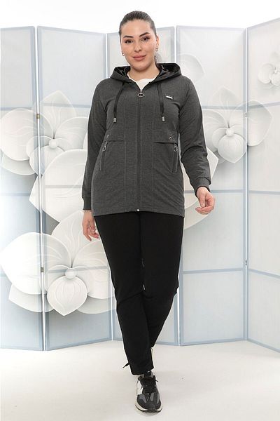 WND SPORT Hooded Zipper Detailed Pocket Comfortable Form 3-Piece Wnd Women's Large Size Tracksuit Set