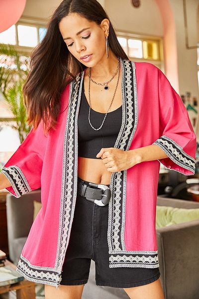 Olalook Dámské kimono s fuchsiovým proužkem ve volné vazbě KMN-00000051