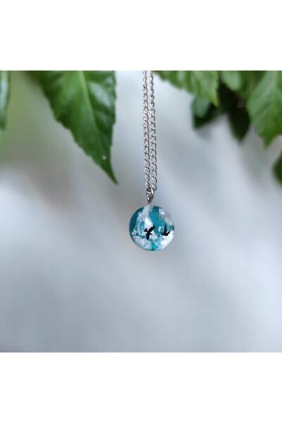 G.şükufezar Bulutlu Çift Kuşlu Turkuaz Mavisi Küre Epoksi Kolye