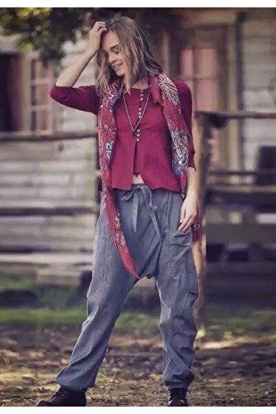 Bohemian Double Breasted Gray Salvar with Elastic Waist and Legs