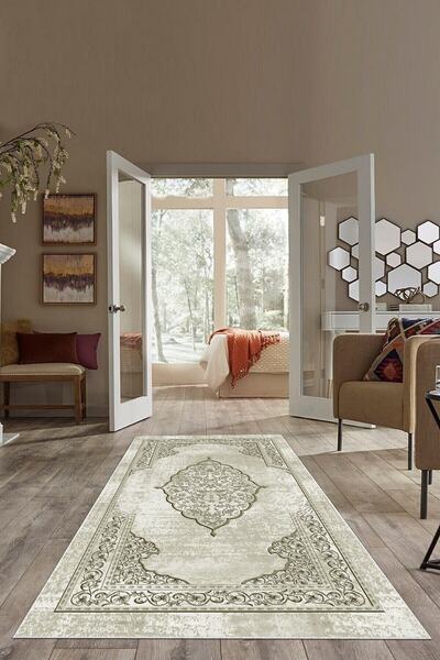 on the clouds Bej Zemin Osmanlı Desen Yıkanabilir Kaymaz Taban Leke Tutmaz Mo...