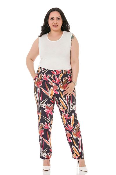DISENTIS MODEST Large Size Navy Blue Leaf Printed Elastic Pocket Pants
