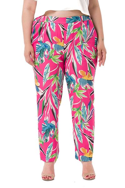 DISENTIS MODEST Plus Size Leaf Printed Fuchsia Trousers with Elastic Waist, Side and Back Pockets