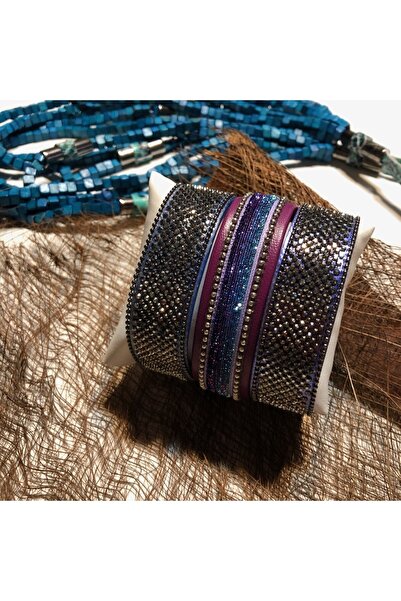 AGG TASARIM Mor - Lacivert 3'lü Deri Bileklik