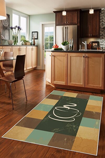 on the clouds Yeşil Kahve Fincanlı Patchwork Desenli Yıkanabilir Kaymaz Taban...