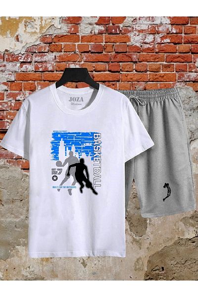 Joza Outdoors Unisex Blue Basketball Printed White - Gray 2-Piece T-Shirt Shorts Set