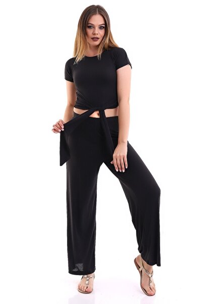 Devinka Tricou crop negru pentru damă, pantaloni cu picioare largi Set dublu