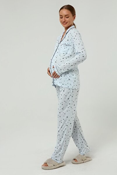 LİKAPA Önden Düğmeli Hamile Lohusa Mevsimlik Uzun Kol Pijama Takımı
