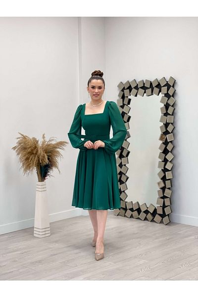 giyimmasalı Chiffon Crepe Fabric Square Collar Midi Dress - Emerald Green