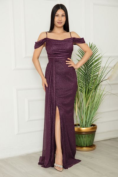 PULLIMM Low Sleeve Long Glitter Tulle Evening Dress 39433