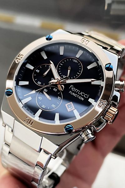 Ferrucci Function Men's Wristwatch 3 ATM Waterproof Silver Color Steel Cord Bracelet Elg649