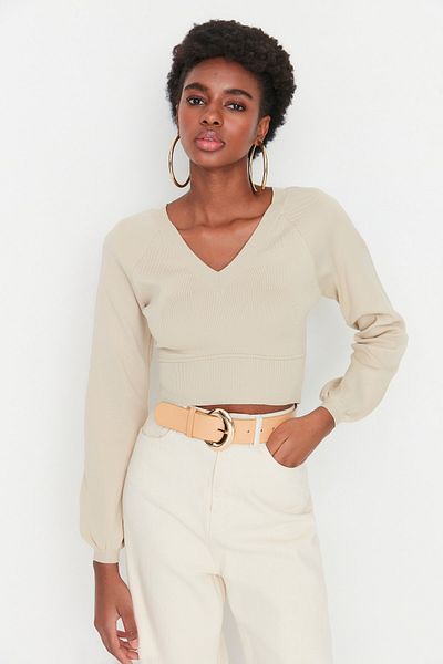 Trendyol Collection Stone Crop V-Neck Knitwear Sweater