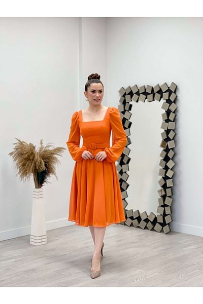 giyimmasalı Chiffon Crepe Fabric Square Collar Midi Dress - Orange