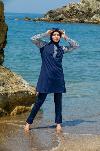 Elif Okur Full Covered Hijab Swimsuit Navy Blue 7150