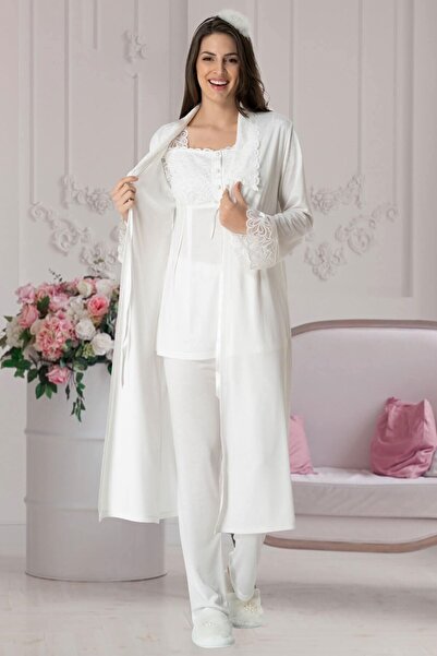 by İGP Mecit Ekru Kadın Hamile Lohusa Sabahlıklı Pijama Takımı