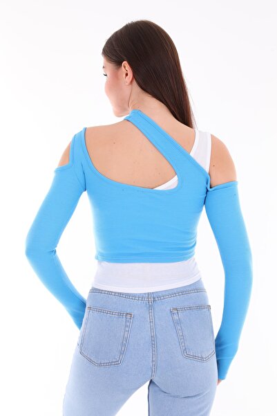 clubsodafashion Set crop top tricotat cu nervuri, stil dublu asimetric