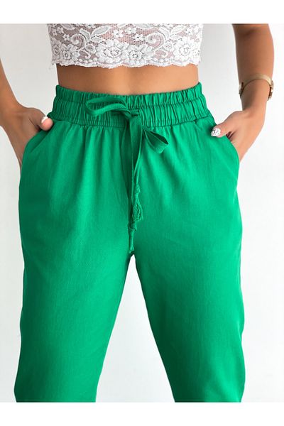 LB Laluna Butik Women's Green Waist Elastic Leg Detailed Ankle Length Carrot Cut Gabardine Trousers