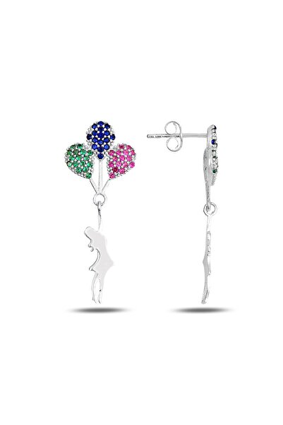 Bilsen Store 925 Ayar Gümüş Balonlu Kız Modeli Üçlü Renk Zirkon Taşlı Küpe