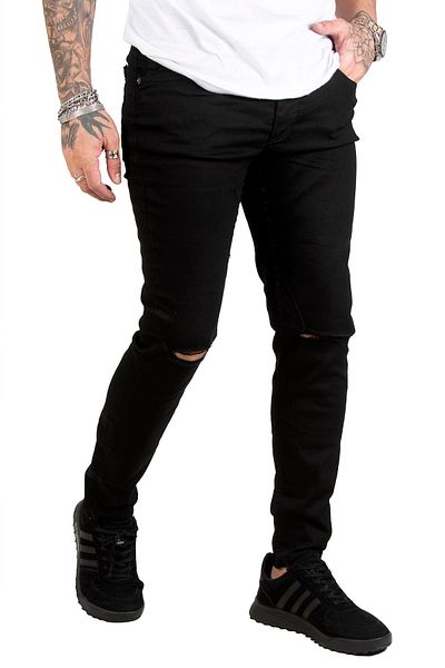 DeepSEA Μαύρο ανδρικό τζιν με σκισμένα γόνατα Lycra Slim Fit 1902114