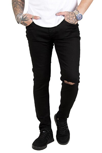 DeepSEA Μαύρο ανδρικό τζιν με σκισμένα γόνατα Lycra Slim Fit 1902114
