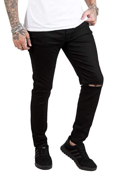 DeepSEA Μαύρο ανδρικό τζιν με σκισμένα γόνατα Lycra Slim Fit 1902114