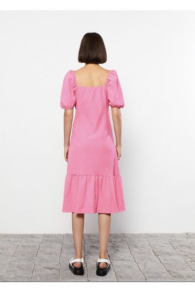 LC Waikiki Lcw Casual V-Neck Self-Patterned Balloon Sleeve Women's Dress