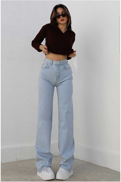 Livik Blugi largi din denim cu lycra hawaiană pentru femei, albastru deschis, cu talie super înaltă