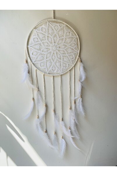 Bohem Shop El Yapımı Büyük Boy Dantelli Tüylü Düş Kapanı Rüya Kapanı Duvar De...