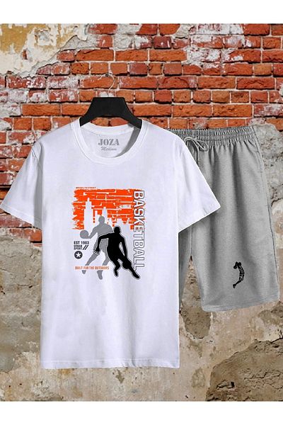 Joza Outdoors Unisex Πορτοκαλί Μπάσκετ με στάμπα Λευκό - Γκρι Σετ σορτς T-Shirt 2 τεμαχίων