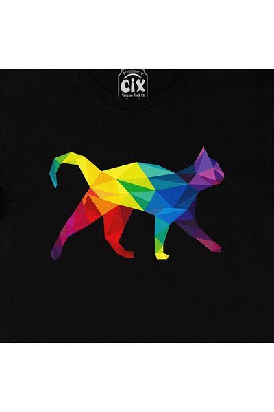 Cix Μαύρο μπλουζάκι Rainbow Colorful Polygon Cat
