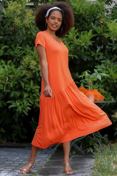 Chiccy Dámské oranžové, krátké viskózové s výstřihem do V oversize Ležérní pletené široké šaty