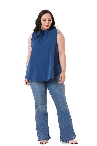DISENTIS MODEST Plus Size Collar Back Buttoned Stand Collar Flowing Sleeveless Indigo Blouse