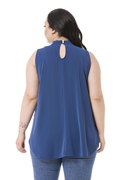 DISENTIS MODEST Plus Size Collar Back Buttoned Stand Collar Flowing Sleeveless Indigo Blouse