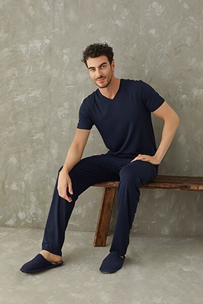 Sevim Erkek V Yaka Micro Modal Pijama Takım Lacivert 9085