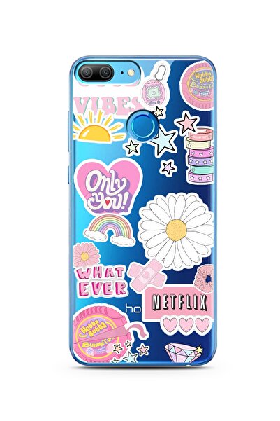 Spoyi Honor 9 Lite Pink Sticker Tasarımlı Süper Şeffaf Telefon Kılıfı