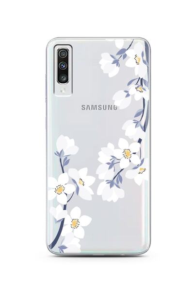 Spoyi Samsung A70 Art White Flowers Tasarımlı Süper Şeffaf Telefon Kılıfı