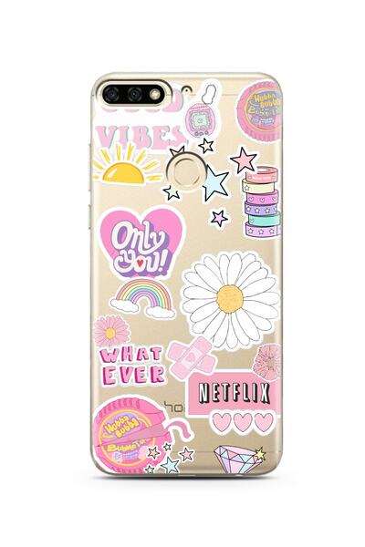 Spoyi Huawei Y7 2018 Pink Sticker Tasarımlı Süper Şeffaf Telefon Kılıfı