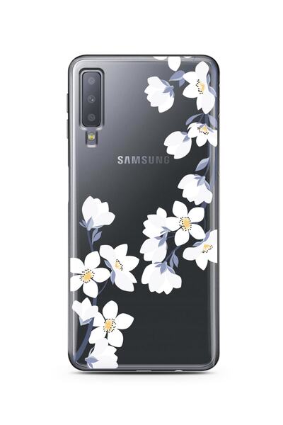 Spoyi Samsung A7 2018 Art White Flowers Tasarımlı Süper Şeffaf Telefon Kılıfı