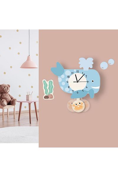 CajuArt Swinging Pendulum Whale Patterned Children's Room Wall Clock