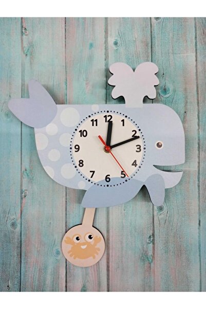 CajuArt Swinging Pendulum Whale Patterned Children's Room Wall Clock