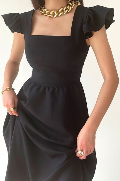 lovebox Atlas Fabric Sleeve Detailed Square Neck Midi Length Black Evening Dress Black Engagement Dress 125