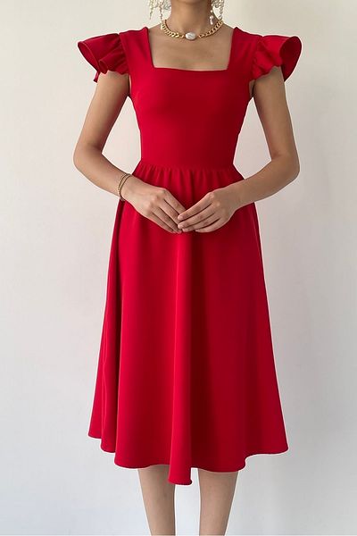 bayansepeti Tesatura Atlas Umeri Detaliat Guler Patrat Lungime Midi Rochie Rosie 125