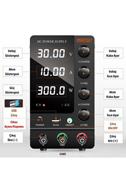 SMARTGIFT 0-30v/10a Ayarlanabilir Dc Güç Kaynağı Voltaj Regülatörü Geliştirilmiş Model Siyah