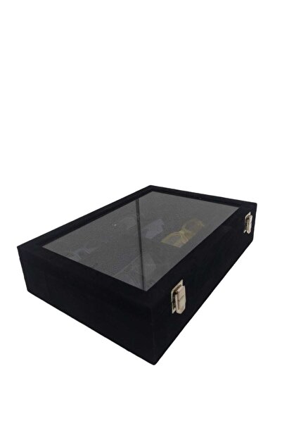 Dijital Çarşı 8 Glasses Box Decorative Corner Protected Black Alcantara Suede