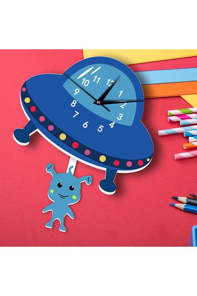 CajuArt Alien Patterned Children's Room Wall Clock with Swinging Pendulum