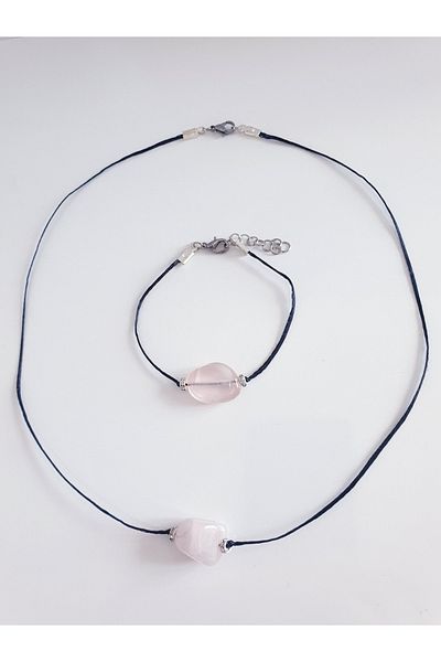 MAGRİB Pink Quartz Natural Stone Necklace and Bracelet Set