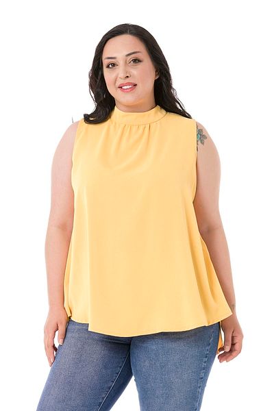 DISENTIS MODEST Plus Size Collar Back Buttoned Stand Collar Flowing Sleeveless Yellow Blouse