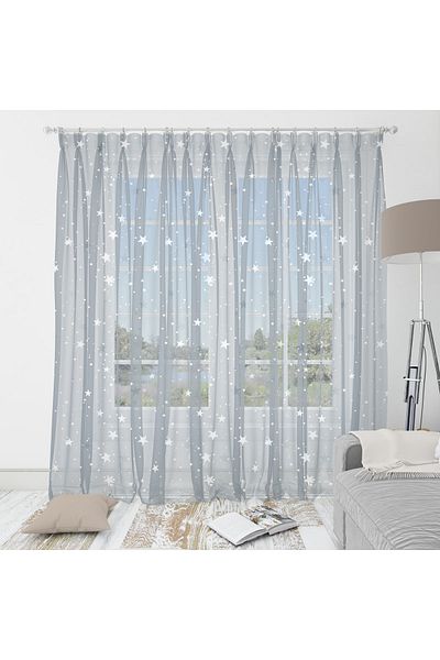 Alacastore Starry Pink-blue-gray Color Children's Room Linen Look Tulle Curtain