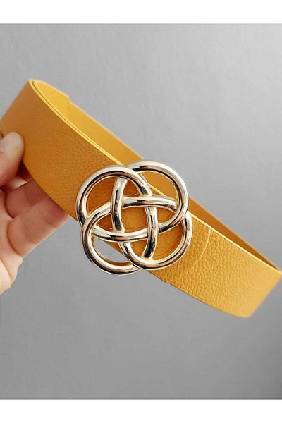 Kemerix Women's Mustard Yellow Belt with Gold Buckle